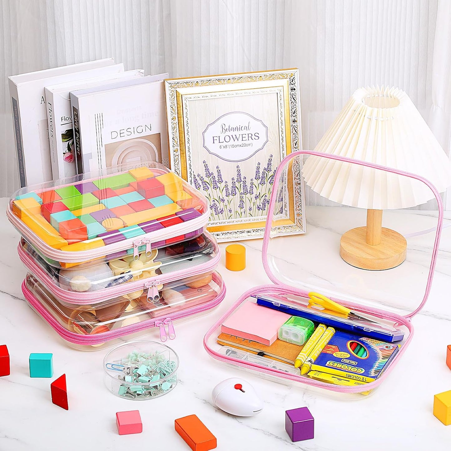 Hoolerry 4 Pcs Hard Clear Zipper Case Makeup Bags Plastic Pencil Pouch Transparent Storage Box Containers for Cosmetics, Snacks, Building Blocks, Puzzles(Pink,9.8 x 7.9 x 2 in)-FemmiqueWomen