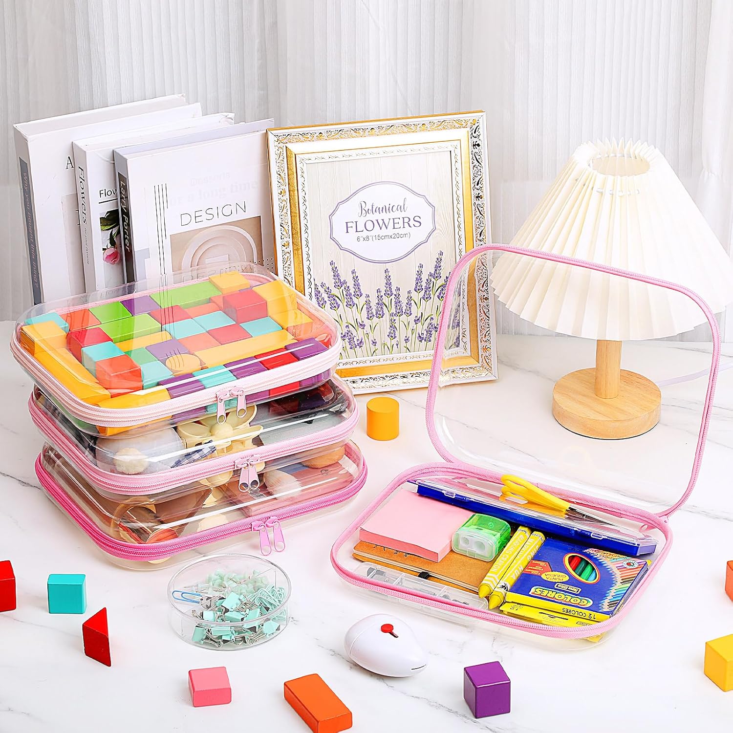 Hoolerry 4 Pcs Hard Clear Zipper Case Makeup Bags Plastic Pencil Pouch Transparent Storage Box Containers for Cosmetics, Snacks, Building Blocks, Puzzles(Pink,9.8 x 7.9 x 2 in)-FemmiqueWomen