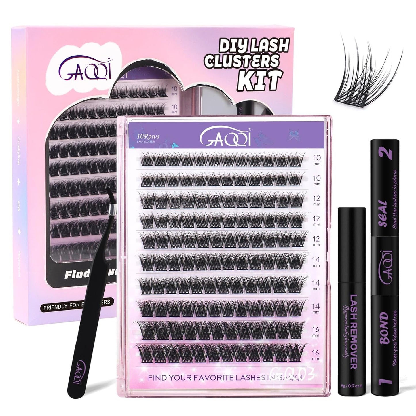 GAQQI Lash Clusters Kit, DIY Lash Extension Kit 120PCS Cluster Lashes C Curl, Wispy Eyelash Clusters 10-16MM with Lash Bond and Seal,Lash Remover and Lash Applicator (GQ03-KIT)-FemmiqueWomen