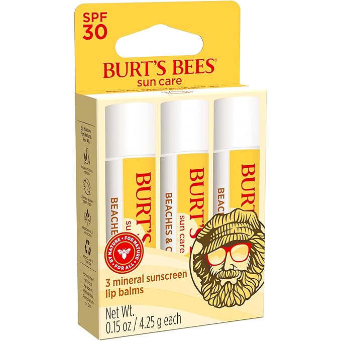 Burt’s Bees SPF 30 Lip Balm Mothers Day Gifts for Mom, Beaches and Cream, Water-Resistant Sun Care, Nano-Free Zinc Oxide Formula, Natural Origin Conditioning Lip Treatment, 3 Tubes, 0.15 oz.-FemmiqueWomen