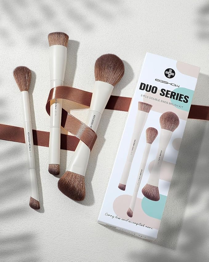 EIGSHOW Makeup Brush Set, 3Pcs Double Ended Face Makeup Brushes for Foundation Powder Contour Highlight Concealer Nose Shadow, Travel Gift Set (Beige)-FemmiqueWomen