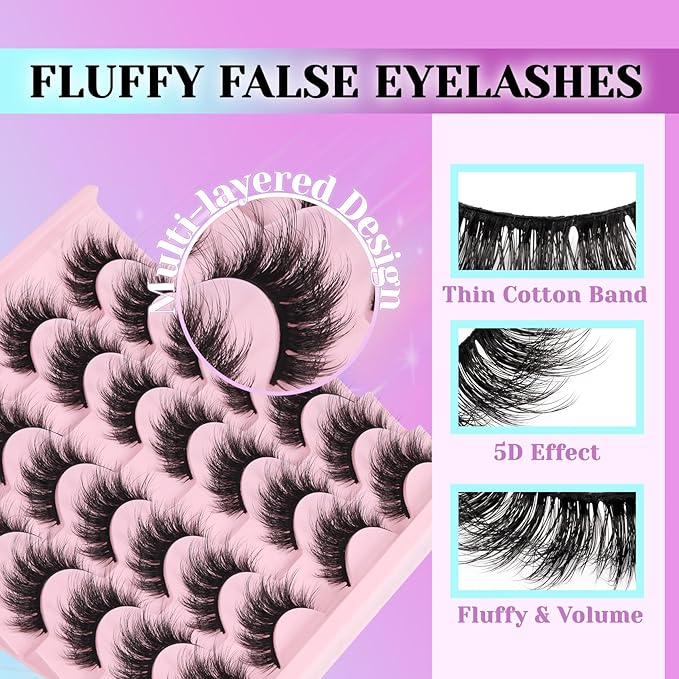 Losha Lashes Fluffy False Eyelashes 5D Volume Eye Lashes Kit with Lash Glue and Lash Tweezers 14 Pairs Vegan Fake Eyelashes Soft Faux Mink Lashes Pack (Thrives)-FemmiqueWomen