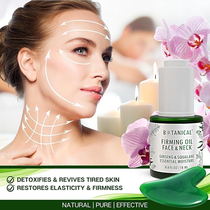 Botanical Face & Neck Firming Oil | Anti-Wrinkle Ginseng & Squalane Serum w/Gua Sha Lift Scraper | Organic, Pure, Natural Skincare (0.6 fl oz | 18 ml)-FemmiqueWomen