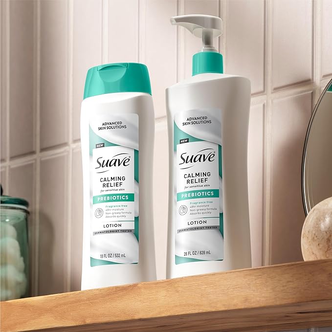 Suave Calming Relief Hand & Body Lotion for Women With Prebiotics For Sensitive Skin, Fragrance & Allergen Free, Helps Restore Skin's Moisture Barrier, 18 FL OZ, 6 Pack-FemmiqueWomen