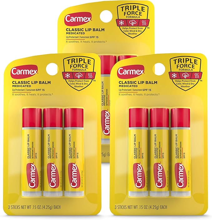 Carmex Classic Medicated Lip Balm Sticks, Lip Moisturizer for Chapped Lips, 9 Count (3 Packs of 3)-FemmiqueWomen