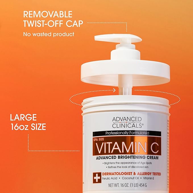 Advanced Clinicals Vitamin C Face & Body Cream Moisturizing Skin Care Lotion, Anti Aging Vitamin C Skincare Moisturizer For Body, Face, Age Spots, Wrinkles, & Sun Damaged Skin, Large 16oz (2-Pack)-FemmiqueWomen