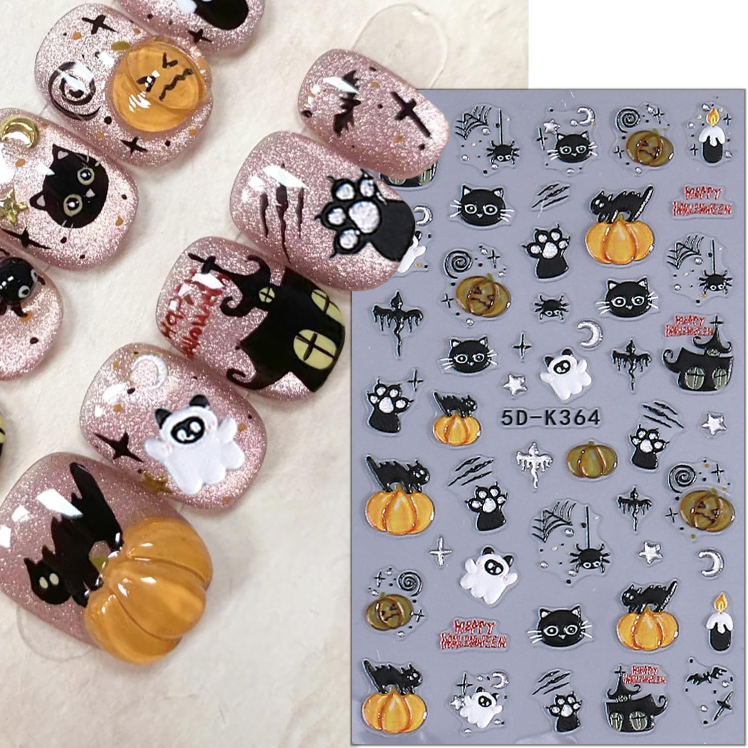 2 Sheets Halloween Nail Stickers for Nail Art 5D Spider Web Nail Art Stickers Embossed Ghost Pumpkin Nail Decals Self-Adhesive Horror Black Cat Nail Design Decals for Women Party Nails Supplies-FemmiqueWomen