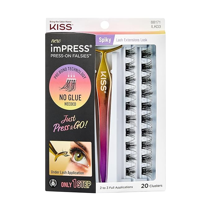 KISS imPRESS Falsies Press On Self Adhesive Eyelashes, 12mm-14mm Glam Volume Press On Lashes, Black, No Glue Needed, Invisible Band, 20 Lash Clusters & Non-Stick Applicator - Spiky-FemmiqueWomen