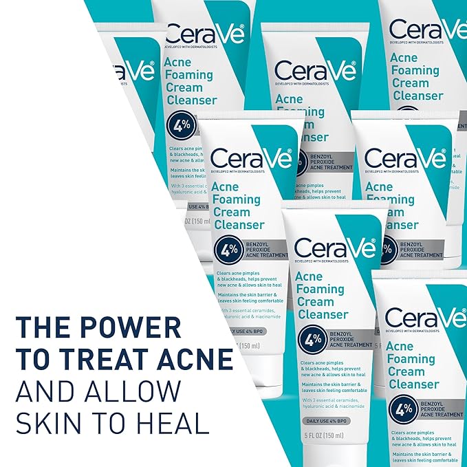 CeraVe Acne Foaming Cream Cleanser, 4% Benzoyl Peroxide Face Wash With Hyaluronic Acid, Niacinamide & Ceramides, Gentle Daily Acne Treatment For Face-FemmiqueWomen