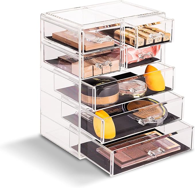 Sorbus Acrylic Makeup Organizer - Organization and Storage Case for Cosmetics Make Up & Jewelry - Big Clear Makeup Organizer for Vanity, Bathroom, College Dorm, Closet, Desk (3 Large, 4 Small Drawers)-FemmiqueWomen