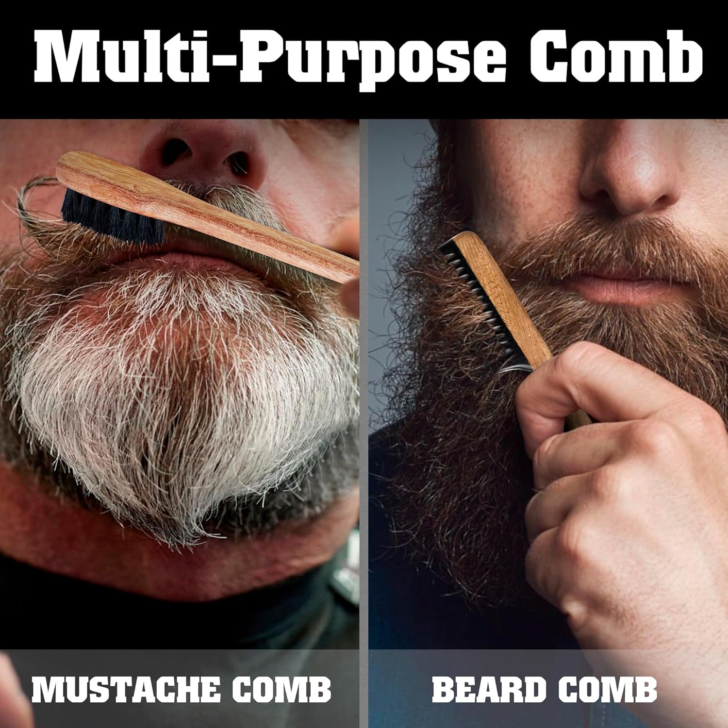 2-in-1 Beard Comb & Brush - Mustache & Beard Comb for Men. Handcrafted from Solid Wood, Buffalo Horn, and Cow Tail Hair. Comes in a Box, Perfect for Gifting.-FemmiqueWomen
