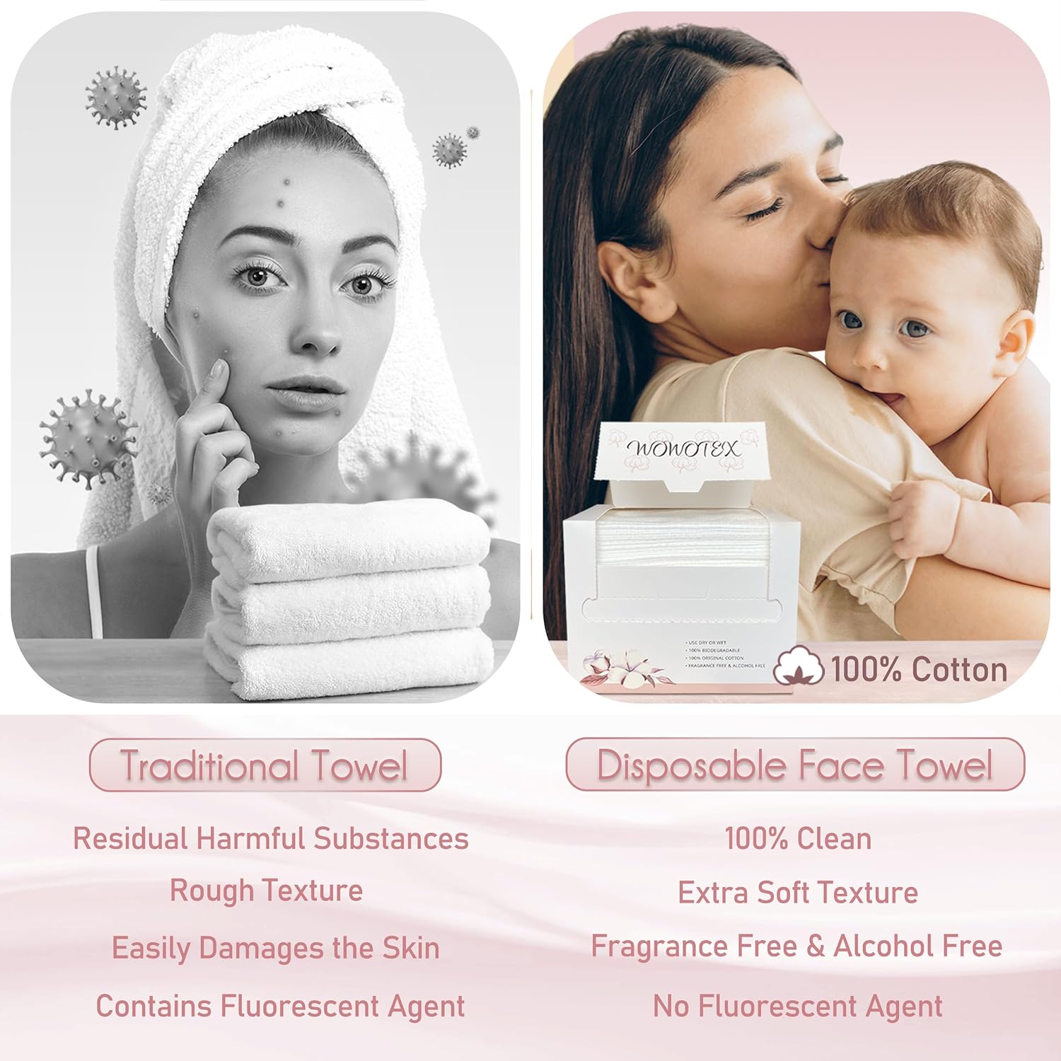 100% Cotton Disposable Face Towel 100 Count 10x12 Inch | Biodegradable Thick Soft One Time Use Dry Wipes for Sensitive Skin, Baby Care, Facial Cleaning, Makeup Removal-FemmiqueWomen