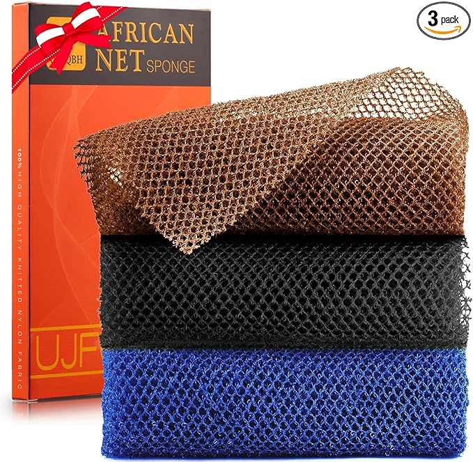 3 Pieces African Bath Sponge African Net Long Net Bath Sponge Exfoliating Shower Body Scrubber Back Scrubber Skin Smoother,Great for Daily Use (Black、Blue、Brown)-FemmiqueWomen
