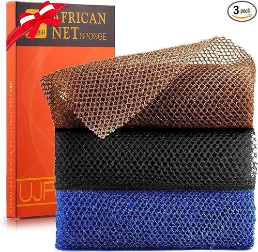 3 Pieces African Bath Sponge African Net Long Net Bath Sponge Exfoliating Shower Body Scrubber Back Scrubber Skin Smoother,Great for Daily Use (Black、Blue、Brown)-FemmiqueWomen