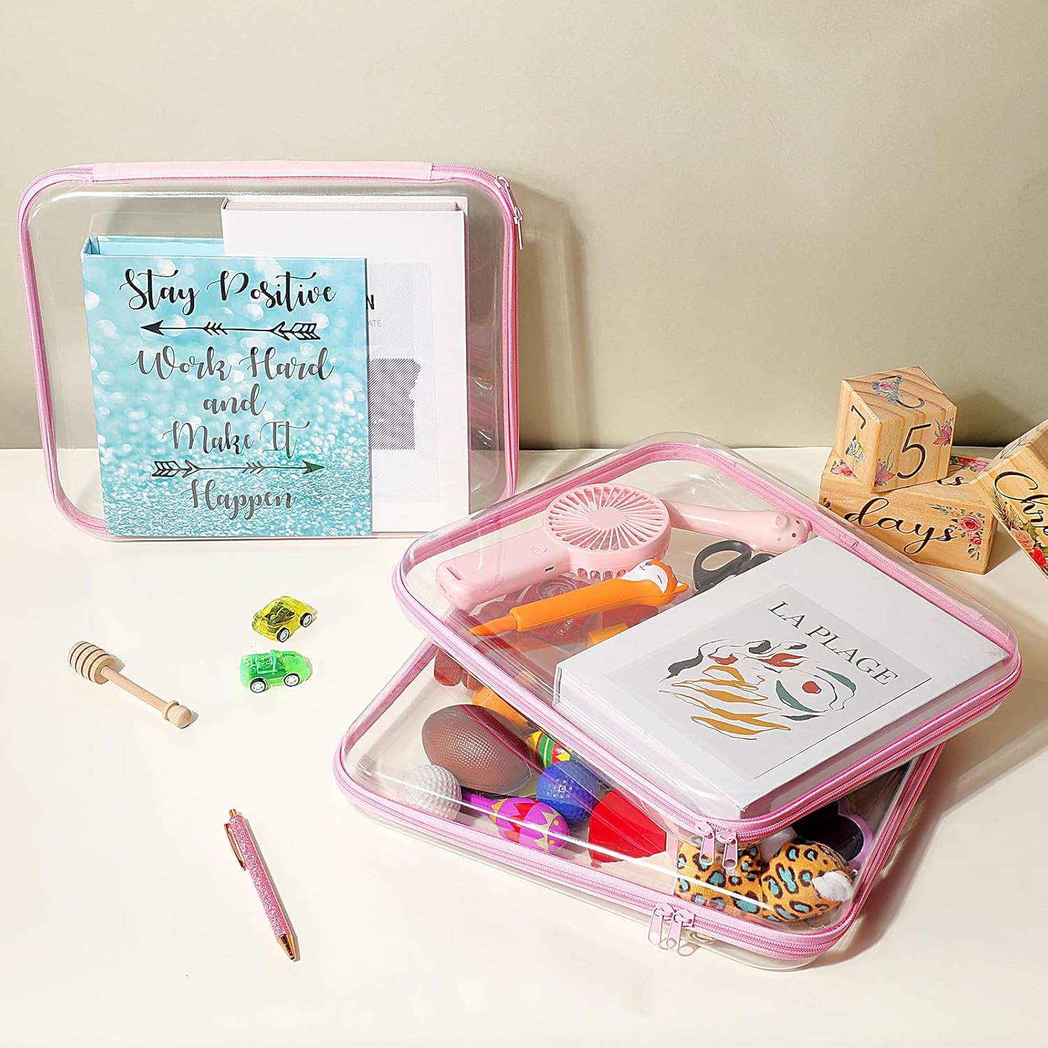 Hoolerry 3 Pcs Clear Hard Zipper Case Plastic Pouch Transparent Hard Case Clear Makeup Bag Portable Travel Organizer Bin for Cosmetics, Building Blocks, Puzzles(Pink,L)-FemmiqueWomen