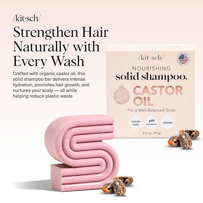 Kitsch Castor Oil Shampoo Bar Soap - Hydrating & Moisturizing Hair Care - Organic Castor Oil Solid Shampoo for Hair Growth & Scalp Nourishment - Silicone & Paraben-Free, Vegan, Made in USA - 3.2oz-FemmiqueWomen