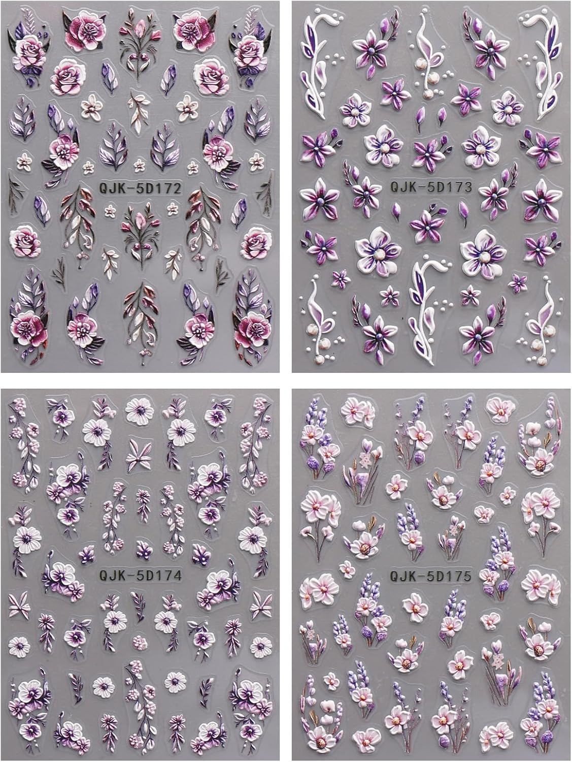 JMEOWIO 3D Embossed Flower Nail Art Stickers Decals Self-Adhesive 5D Spring Summer Floral Nail Supplies Nail Art Design Decoration Accessories 4 Sheets-FemmiqueWomen