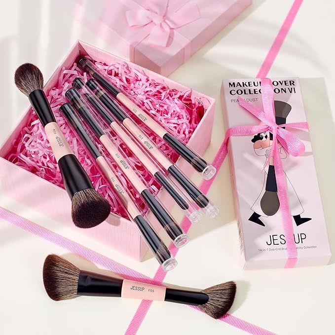 Jessup Makeup Brushes Set 7pcs Double Sided Makeup Brushes for Foundation Concealer Blush Eyeshadow Contour Bronzer Powder Blending Eyebrow Eyeliner, Cruelty-Free Make up Brushes Peach Dust T600-FemmiqueWomen