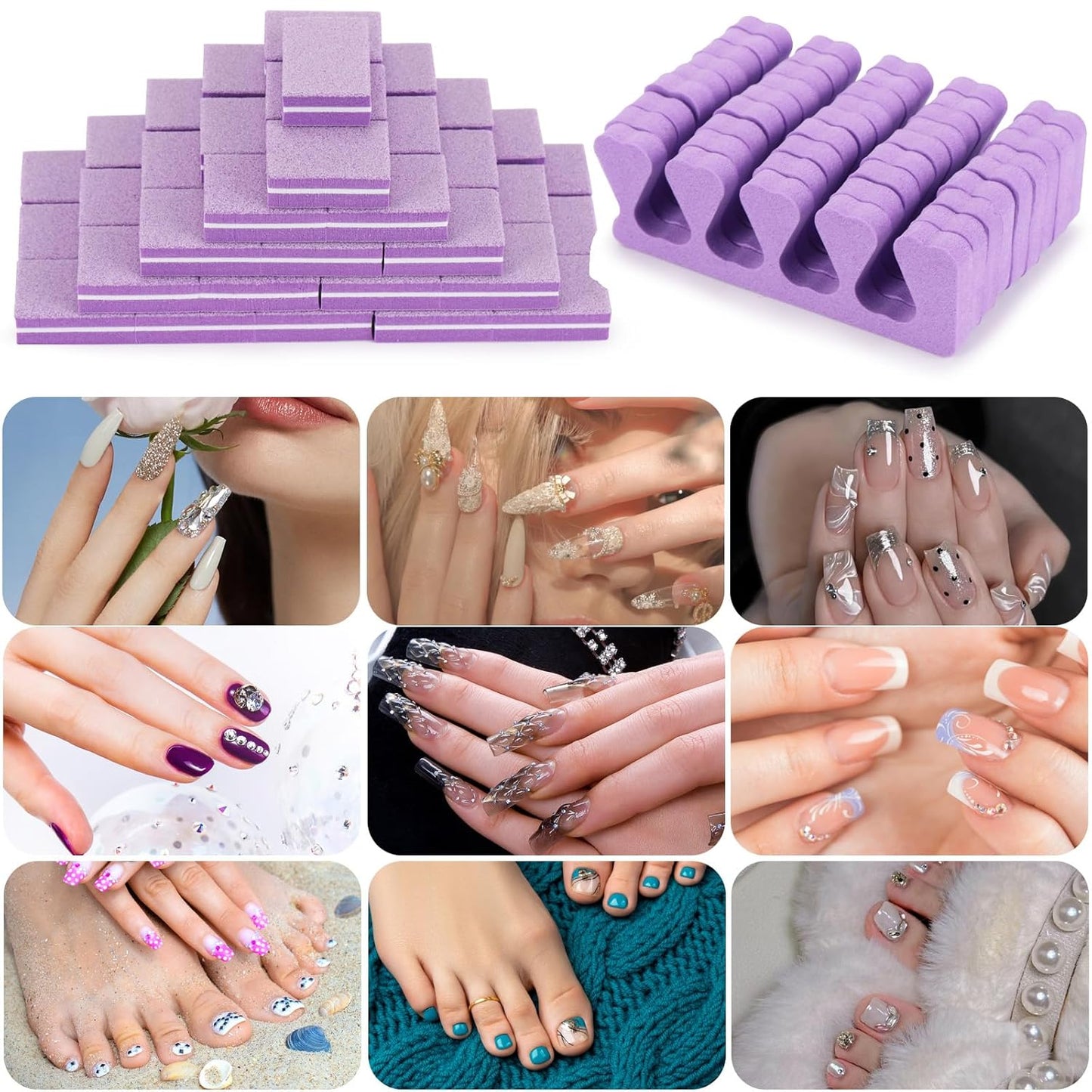 102pcs Toe Separators Set - Premium Pedicure Tool Super Soft Pedicure Toe Separator- Mini Nail Buffer Block File 80/100 Grit 2 Sided, Purple-FemmiqueWomen
