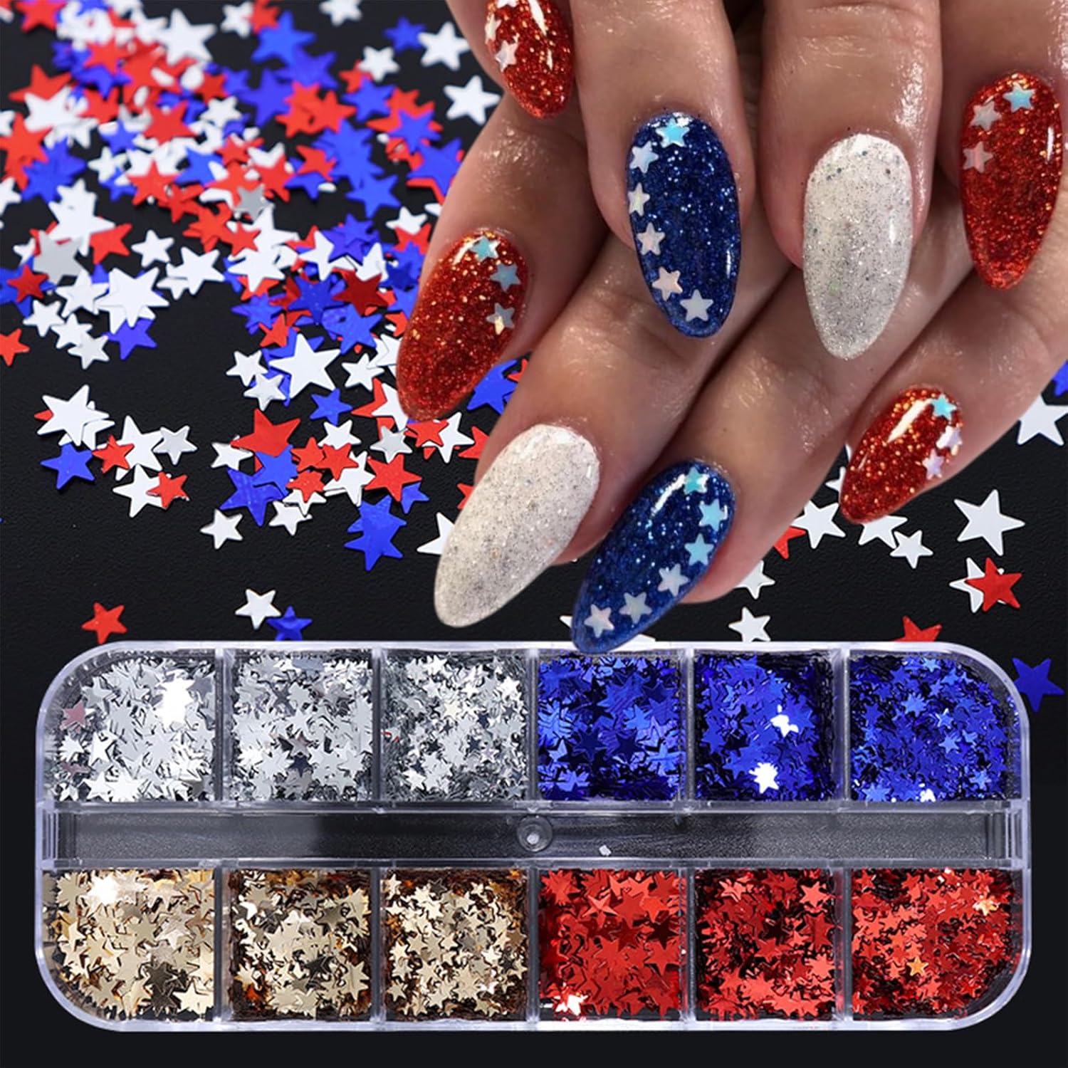 12 Grids Independence Day Nail Sequins，3D Holographic Nails Glitter Laser Star Nail Shining Flakes for Fourth of July Five-Pointed Star Mixed Sequins for America Patriotic Face Makeup Nail Decoration-FemmiqueWomen