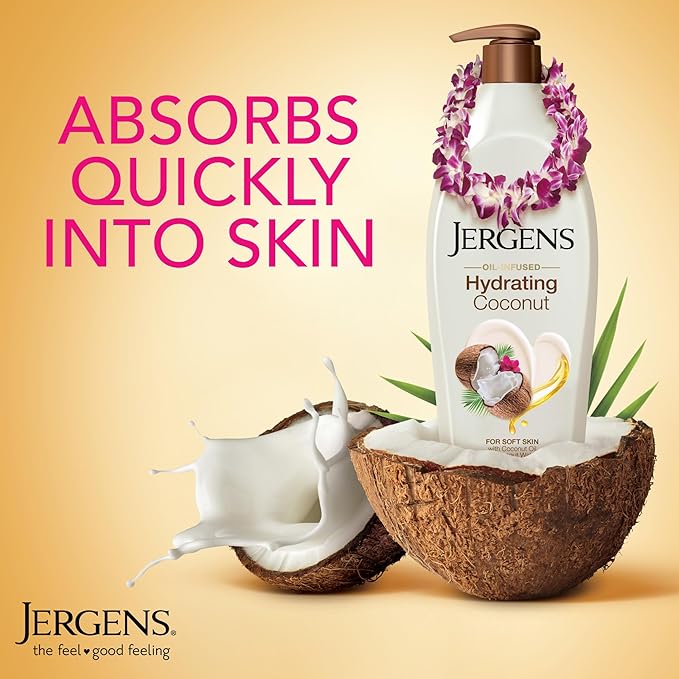 Jergens Hydrating Coconut Body Lotion, Hand and Body Moisturizer, Infused with Coconut Oil, Hydrates Dry Skin Instantly, Dermatologist Tested, 16.8 oz, Pack of 3-FemmiqueWomen