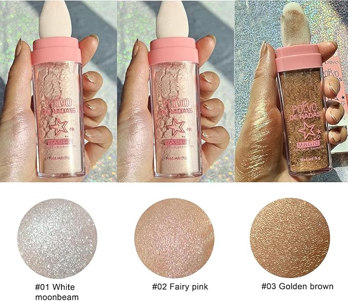 3 Color Polvo De Hadas, Body Glitter Highlighter Powder Fairy Stick for Makeup Shimmer and Shine High Gloss Blush Contour Powder Makeup - Sparkle Patting for Hair Face Eyes Body-FemmiqueWomen