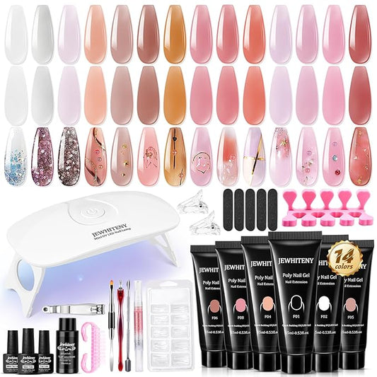 JEWHITENY 14 PCS Poly Nail Gel Kit Poly Extension Gel Kit Starter Kit With Slip Solution Professional Extension Set With LED Lamp Nail Art Design Beginner All In One-FemmiqueWomen