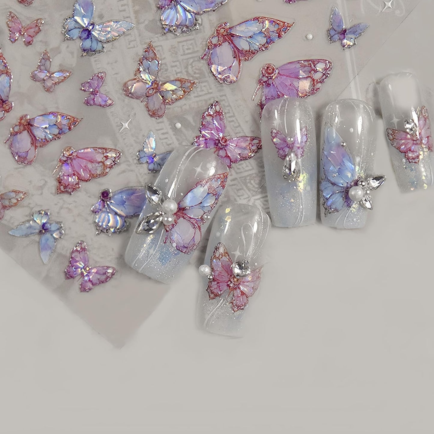 2 Sheets Butterfly Nail Art Stickers 5D Embossed Self-Adhesive Pink Aurora Sparkling Butterfly Nail Decals Designs for Women Girls DIY Nail Decoration-FemmiqueWomen