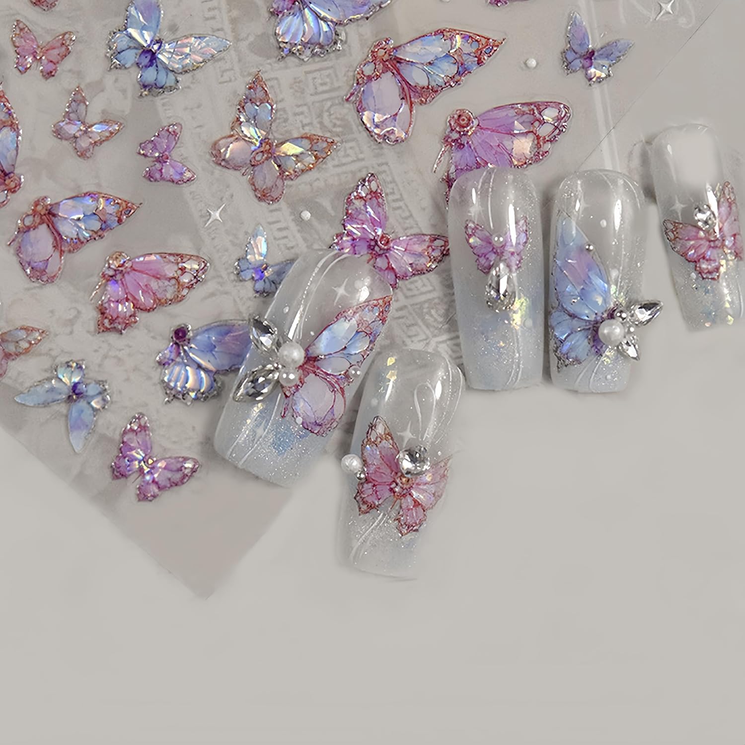 2 Sheets Butterfly Nail Art Stickers 5D Embossed Self-Adhesive Pink Aurora Sparkling Butterfly Nail Decals Designs for Women Girls DIY Nail Decoration-FemmiqueWomen