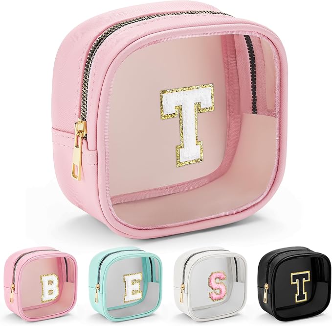 YOOLIFE Mini Birthday Gifts for Women - Personalized Cute Pink Initial Clear Makeup Bag Make Up Bag Travel Bag for Mothers Day Gifts Teacher Sister Friend Female Girlfriend Wife Teen Gifts Party Bag T-FemmiqueWomen