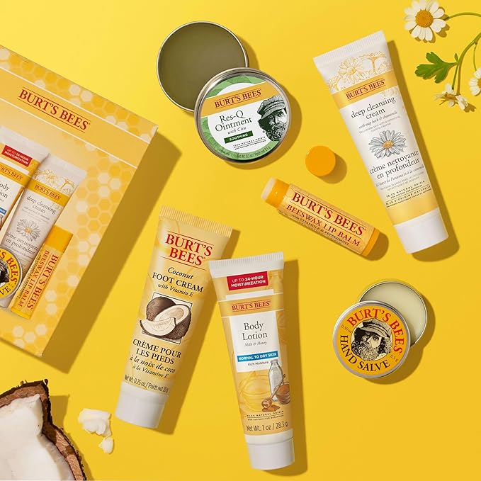 Burt's Bees Back to School Gifts Ideas, 6 College Dorm Products, Timeless Minis Set – Beeswax Lip Balm, Coconut Foot Cream, Milk & Honey Body Lotion, Deep Cleansing Cream, Res-Q Ointment & Hand Salve-FemmiqueWomen