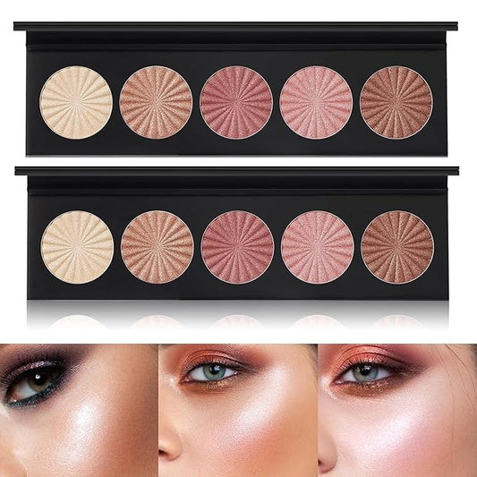 2 Packs Highlighter Powder Palette, 5 Colors Makeup Palette Contour Palette Eyeshadow Makeup Kit Waterproof Long Lasting Brilliant Lighten Skin Color Professional Face Shading Set (2, brown, Large)-FemmiqueWomen