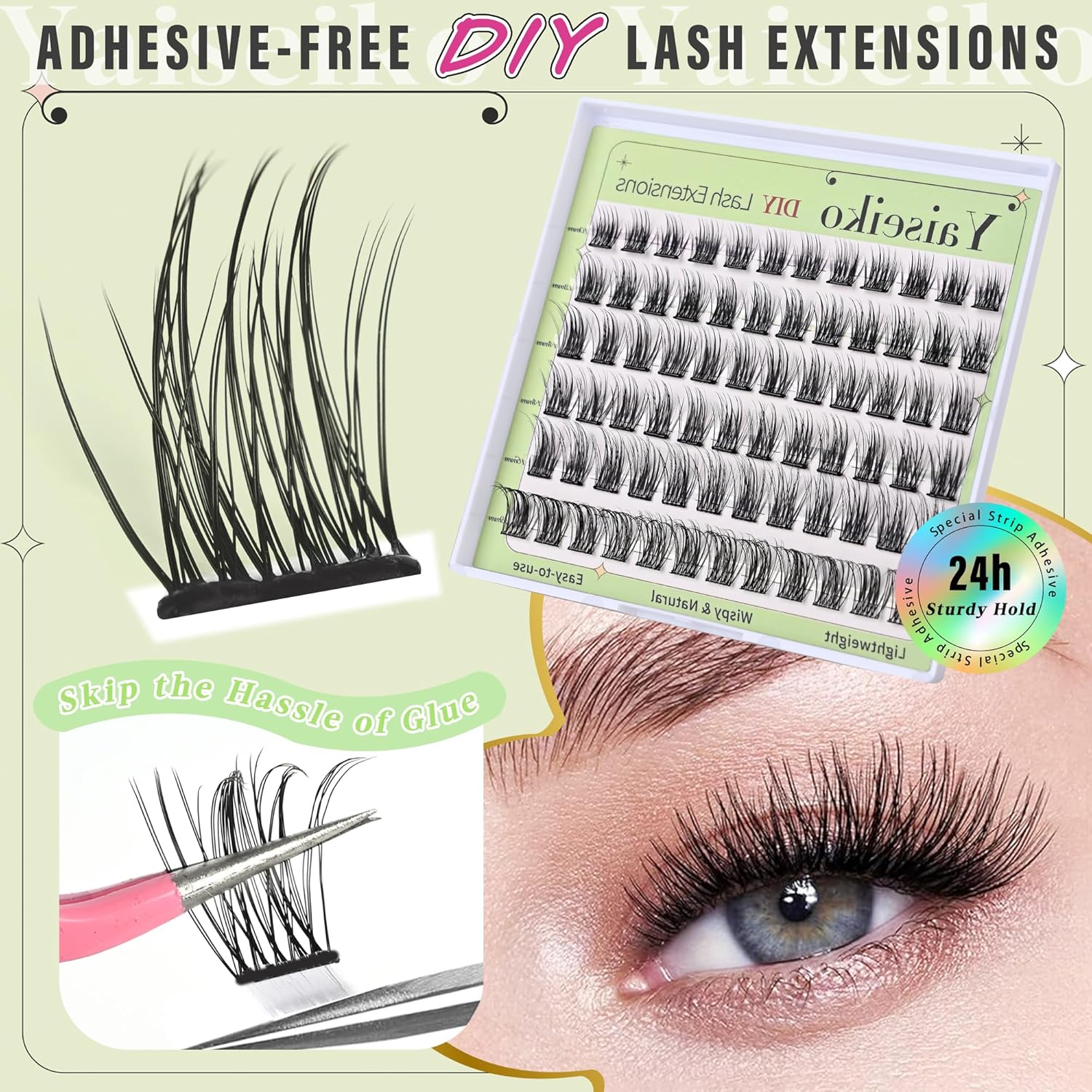 Self Adhesive Eyelash Clusters Press On Lashes, Self Adhesive Eyelashes No Glue Needed Lash Extension Reusable Wispy DIY Eyelash Extensions D curl Pre Glued Cluster Lashes 10-18mm(Y02 72Pcs)-FemmiqueWomen