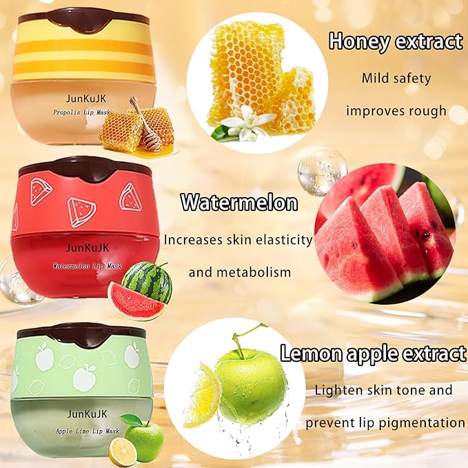3 Pcs Bee Lip Balm Honey Pot with Stick,Moisturizing Lip Mask Overnight,Day and Night Tinted Sleeping Lip Balm,Hydrating Lip Scrubs Exfoliator & Moisturizer-FemmiqueWomen