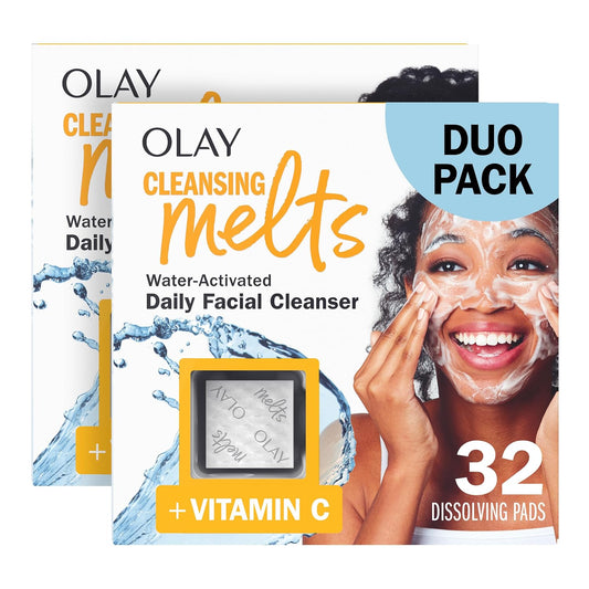 Olay Face Wash, Vitamin C Cleansing Melts, Daily Use Gentle Cleanser, For All Skin Types, Travel Size, Soft Citrus Scent, Water-Activated to Clean, Tone, and Refresh, 64ct (2 Pack x 32ct)-FemmiqueWomen