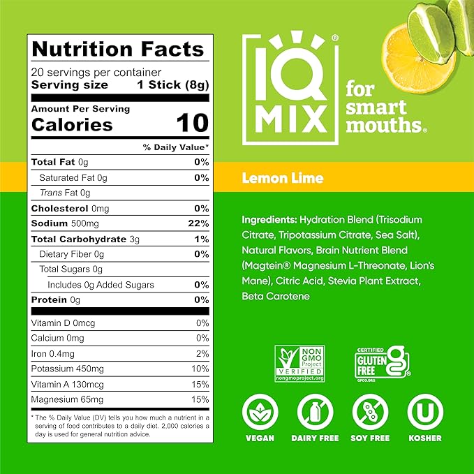 IQMIX Hydration Electrolyte Powder – 4-in-1 Formula for Hydration, Mental Clarity, Mood and Recovery – Sugar-Free Drink Mix, Keto, Magnesium L-Threonate, Lion’s Mane – 20 Count Lemon Lime-FemmiqueWomen