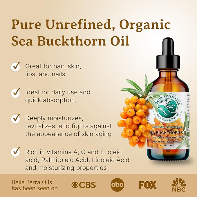 Bella Terra Oils - Organic Sea Buckthorn Oil 2 oz - Dive into Rich Essence of Organic Sea Buckthorn Berry, Packed with Vitamin C, E, & A, Omega-Fatty Acids Delight for Face-FemmiqueWomen