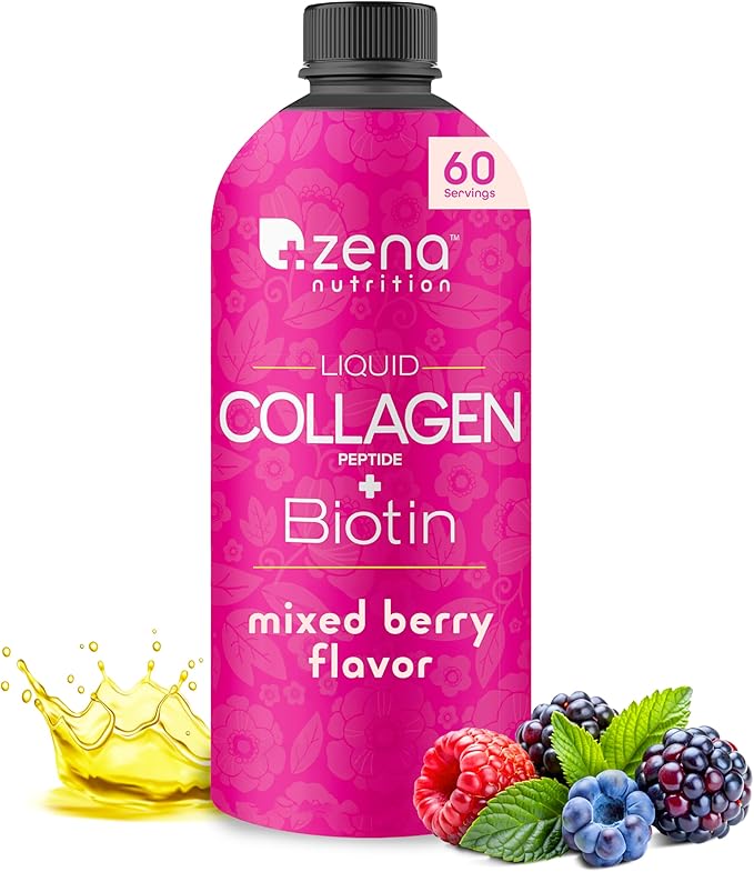 Zena Nutrition Liquid Collagen Peptides and Biotin, 2500mg Verisol Bioactive Collagen Peptides, 5000mcg Biotin, Hair, Skin, Nail Supplement for Women and Men, Mixed Berry, 60 Servings, 20.3 fl oz-FemmiqueWomen