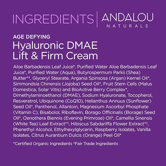 Andalou Naturals Hyaluronic DMAE Lift & Firm Skin Cream | Anti Aging Face Moisturizer With Hyaluronic Acid |Helps Reduce Fine Lines & Wrinkles | 1.7 oz-FemmiqueWomen