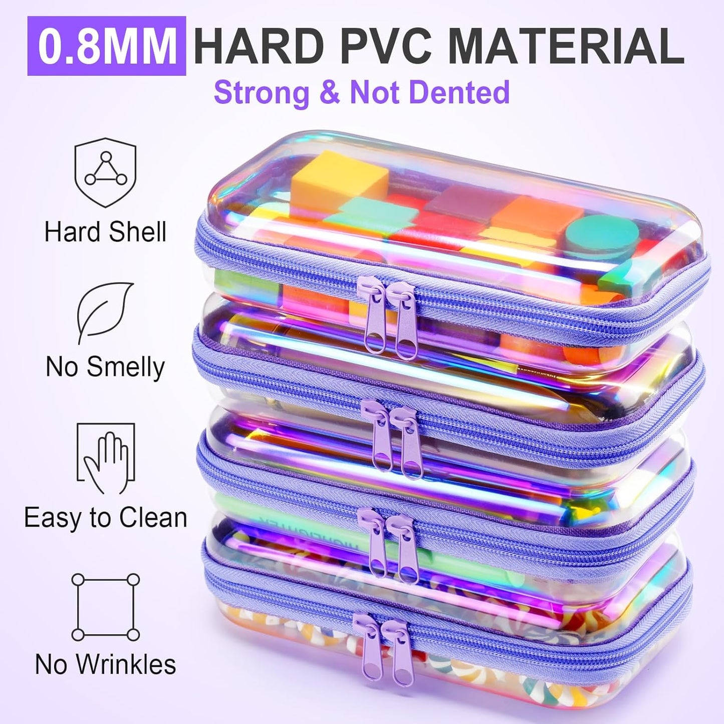 Hoolerry 4 Pcs Hard Clear Zipper Case Makeup Bags Plastic Pencil Pouch Transparent Storage Box Containers for Cosmetics, Snacks, Building Blocks, Puzzles(Purple Laser,7.5 x 3.9 x 2 in)-FemmiqueWomen
