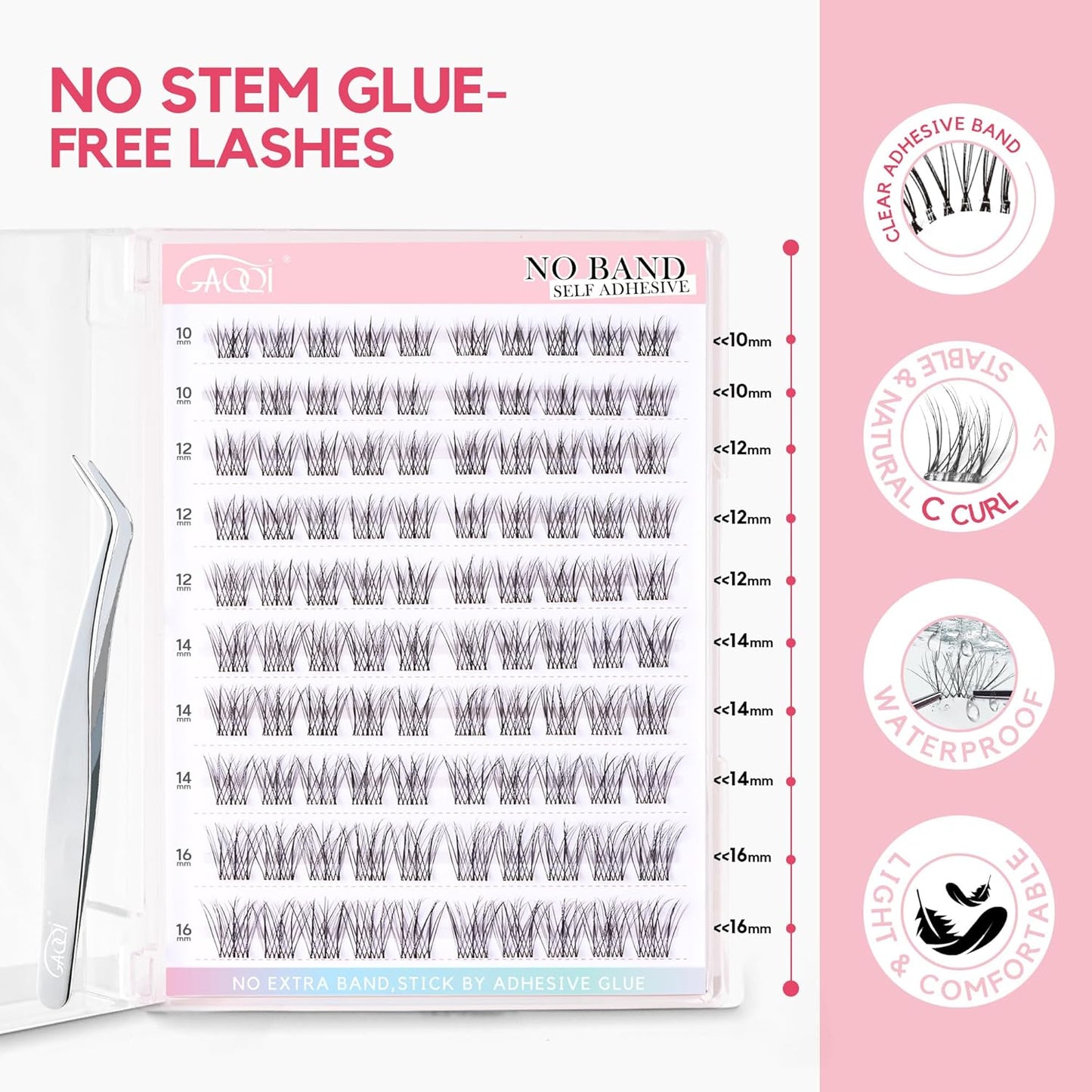GAQQI Self Adhesive Eyelash Clusters, Natural Look No Glue Lashes 10-16mm, No Band Self Adhesive Lash Clusters 100pcs, Press On Lashes Invisible Band, With Lash Tweezer (LACE)-FemmiqueWomen