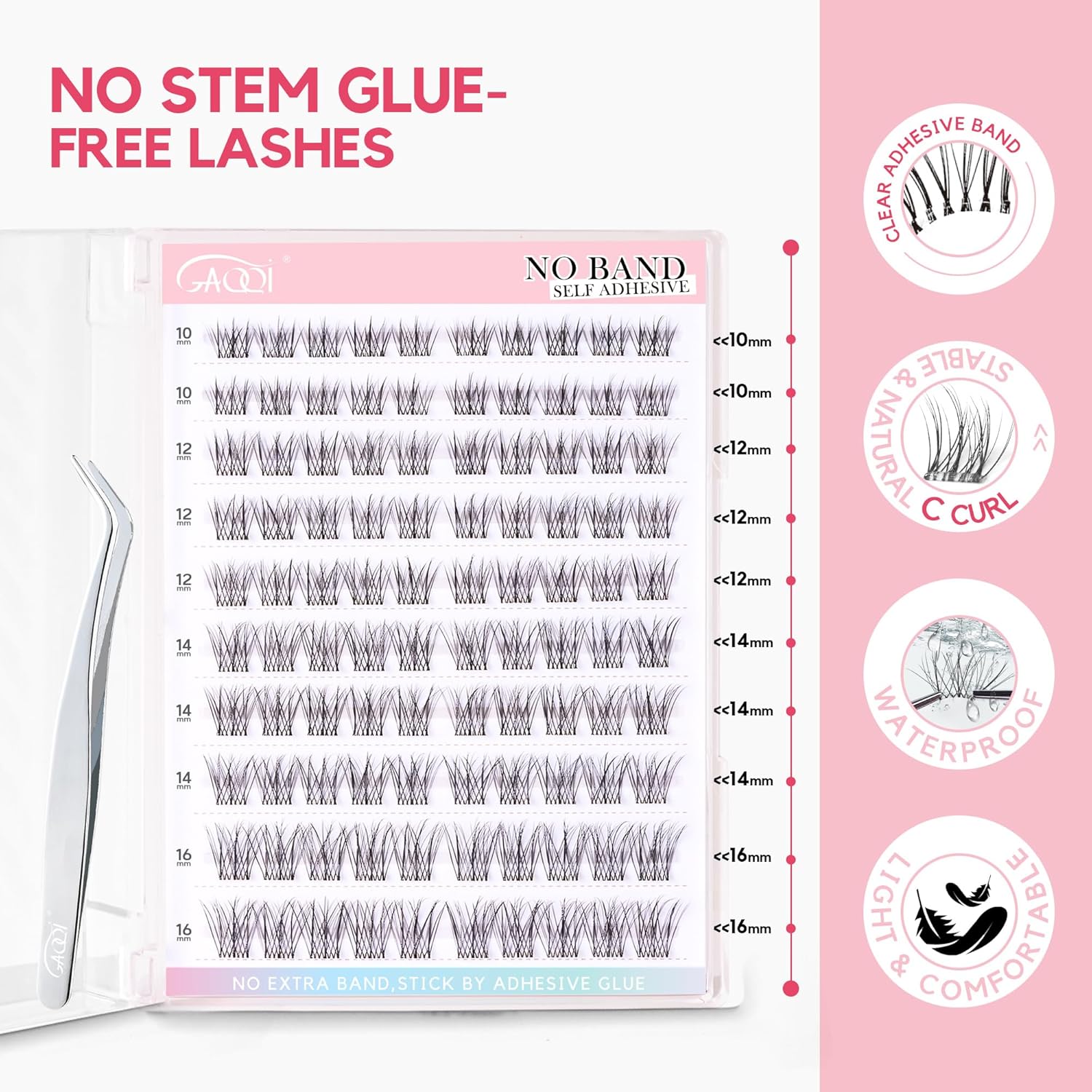 GAQQI Self Adhesive Eyelash Clusters, Natural Look No Glue Lashes 10-16mm, No Band Self Adhesive Lash Clusters 100pcs, Press On Lashes Invisible Band, With Lash Tweezer (LACE)-FemmiqueWomen