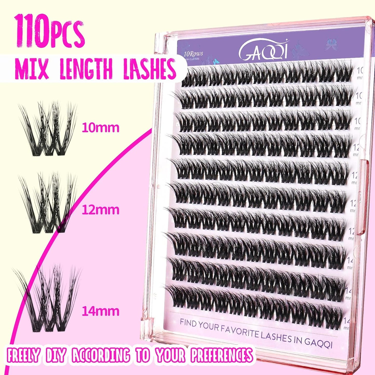 GAQQI Lash Clusters Kit, DIY Lash Extensions Kit 10-14mm Cluster Lashes, Wispy Eyelash Clusters with Lash Bond and Seal+Lash Tweezer+Remover+110pcs Thin Band Individual Lashes (3D-GQ08-KIT)-FemmiqueWomen