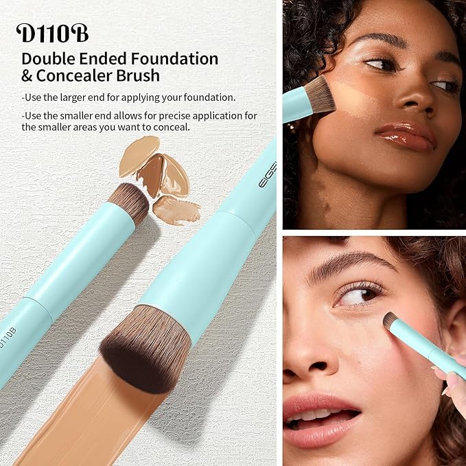EIGSHOW Makeup Brush Set, 3Pcs Dual Ended Face Makeup Brushes for Foundation Powder Contour Highlight Concealer Nose Shadow, Travel Gift Set (Cyan)-FemmiqueWomen