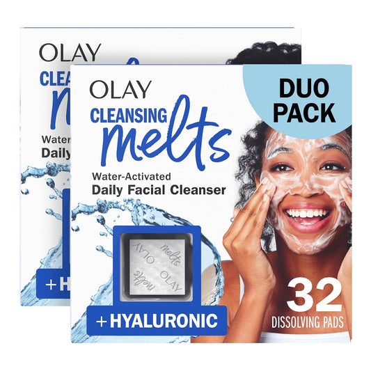 Olay Face Wash, Hyaluronic Acid Cleansing Melts, Fragrance-Free, Daily Use Gentle Cleanser, For All Skin Types, Travel Size, Water-Activated to Clean, Tone, and Refresh, 64ct (2 Pack x 32ct)-FemmiqueWomen