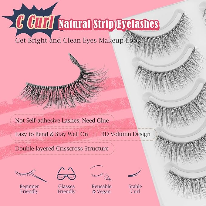 False Lashes Natural Look Wispy Eyelashes 13MM Eye Lash Pack for Daily C Curl Natural Lashes 7 Pair Siligli-FemmiqueWomen