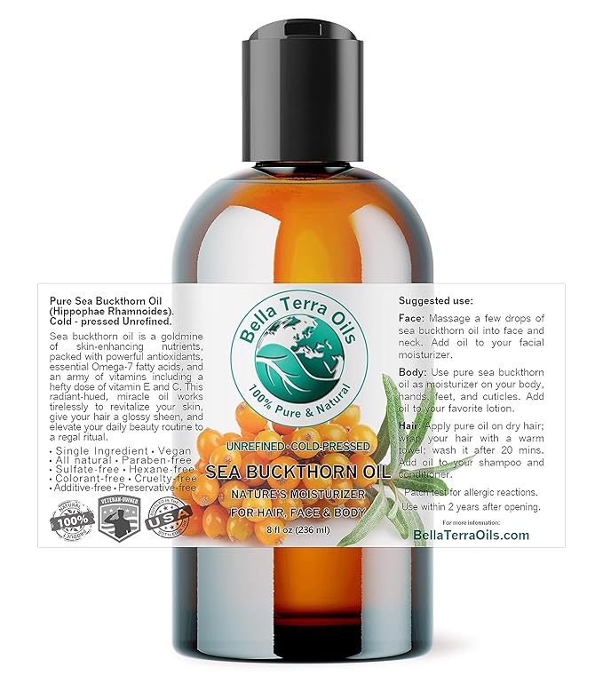 Bella Terra Oils - Sea Buckthorn Oil 8 oz - The Ultimate Elixir from Nature's Bounty, Rich in Flavonoids & Essential Fatty Acids, Gilded Luxe for Your Face-FemmiqueWomen