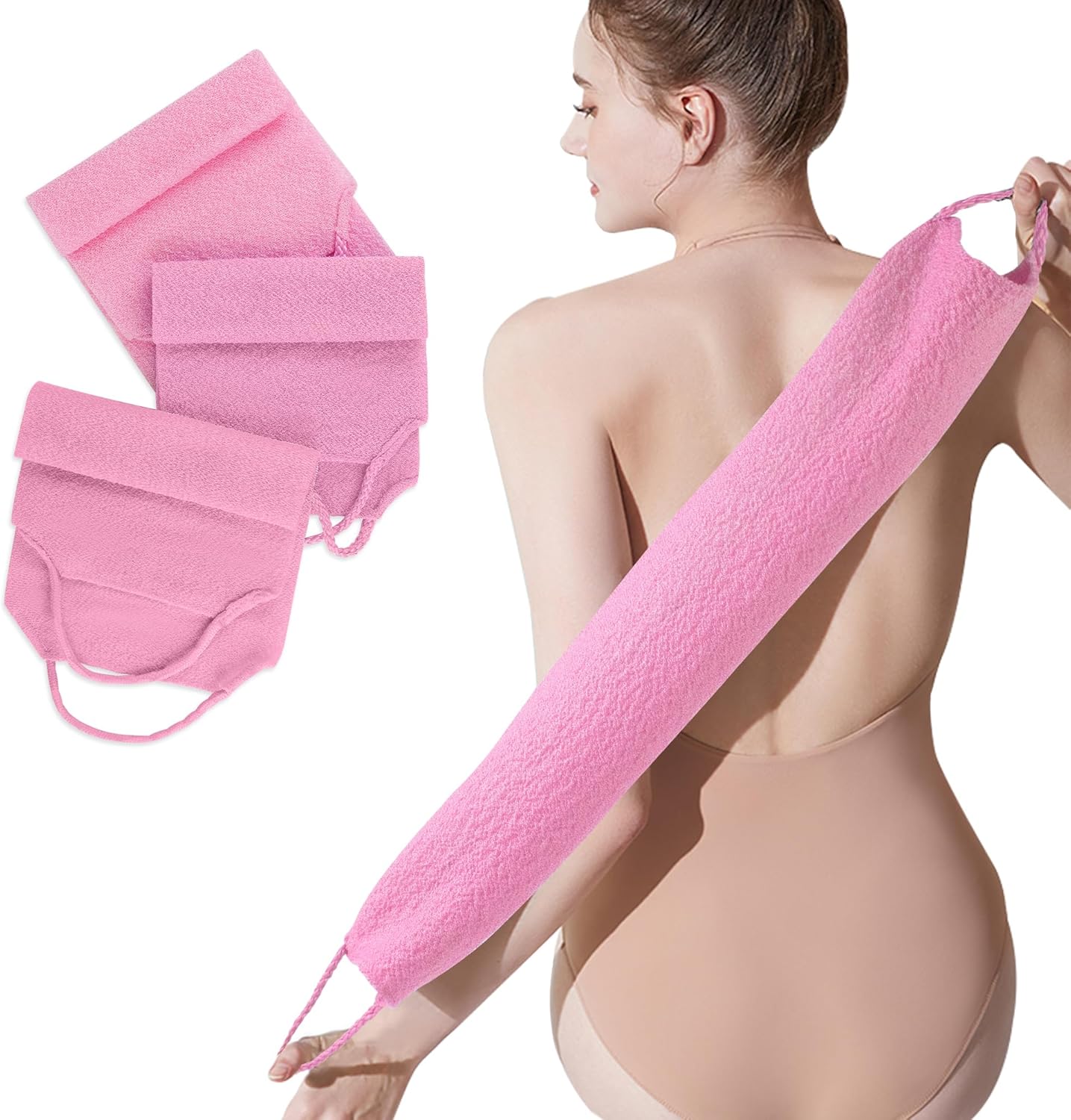 3 Pcs Double-Sided Back Exfoliator Body Scrub Towel, Exfoliating Back Scrubber with Handles,Exfoliating Washcloth Bath Tool in Shower, Stretchable Back Washer to Deep Cleans Skin (Pink)-FemmiqueWomen