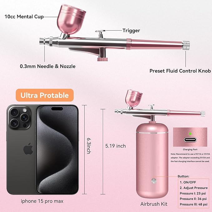 Airbrush Kit with Compressor - 48PSI High-Pressure, Non-Clogging Air Brush Set Cordless Rechargeable with 0.3mm Nozzle and Cleaning Brush for Nail Art, Makeup, Painting, and Cake Decorating-FemmiqueWomen