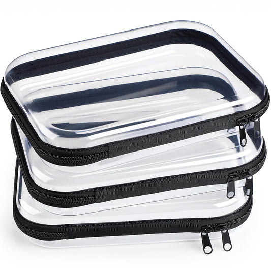 Hoolerry 3 Pcs Clear Hard Zipper Case Plastic Pouch Transparent Hard Case Clear Makeup Bag Portable Travel Organizer Bin for Cosmetics, Building Blocks, Puzzles(Black,M)-FemmiqueWomen